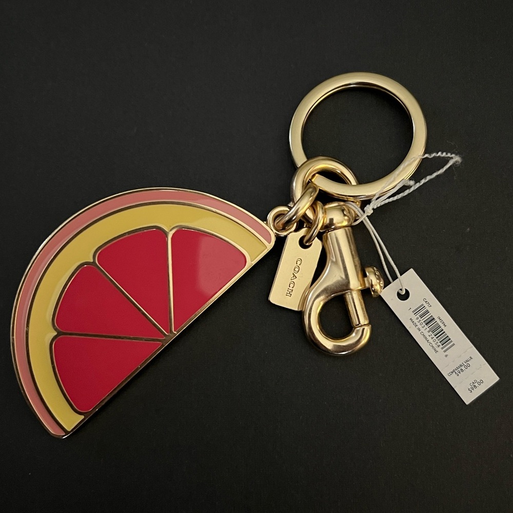 COACH Grapefruit Slice Keychain Charm Chunky Pink Glitter Gold Rare NWT